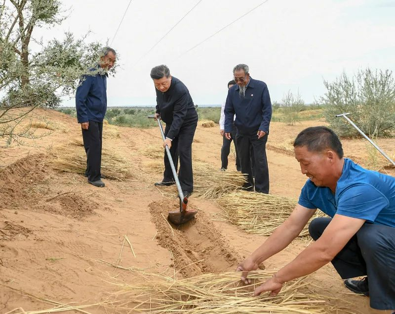 2019年8月21日，習近平來到甘肅省武威市古浪縣八步沙林場，實地察看當?shù)刂紊吃炝帧⑸鷳B(tài)保護等情況。新華社記者 謝環(huán)馳 攝