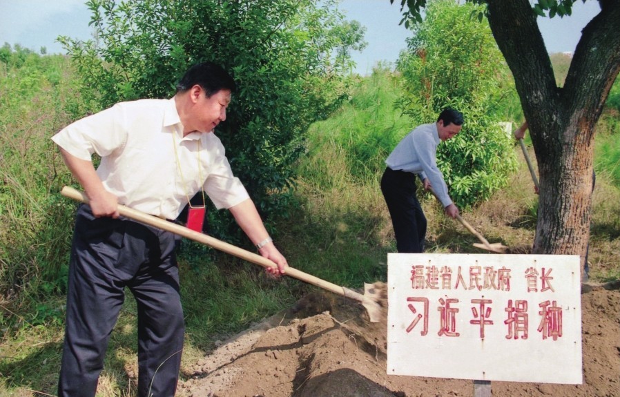 2001年10月，習(xí)近平在龍巖市長汀縣調(diào)研水土流失治理工作，在河田世紀(jì)生態(tài)園為樹培土。圖源：《習(xí)近平在福建（下）》