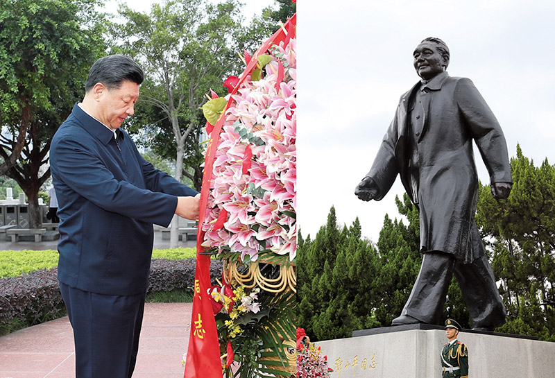 2020年10月14日，習(xí)近平總書記向深圳蓮花山公園鄧小平同志銅像敬獻(xiàn)花籃。