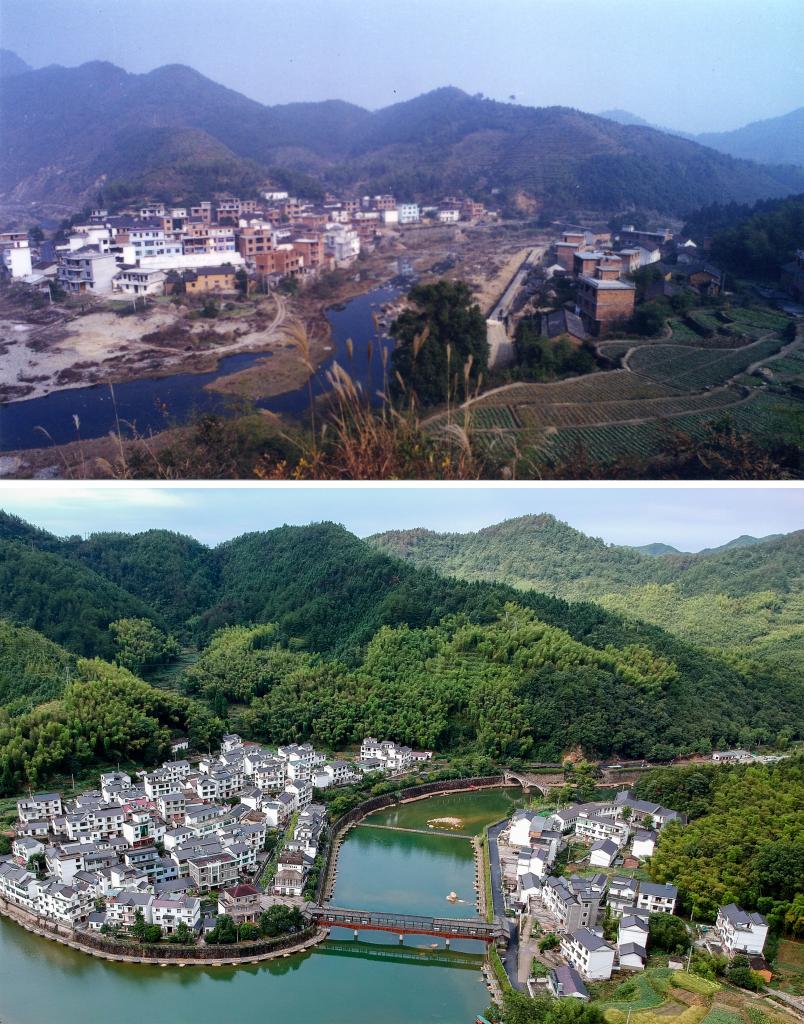 圖為浙江省杭州市淳安縣楓樹嶺鎮(zhèn)下姜村拼版圖，其中上圖為資料照片、下圖由新華社記者張鋮攝。